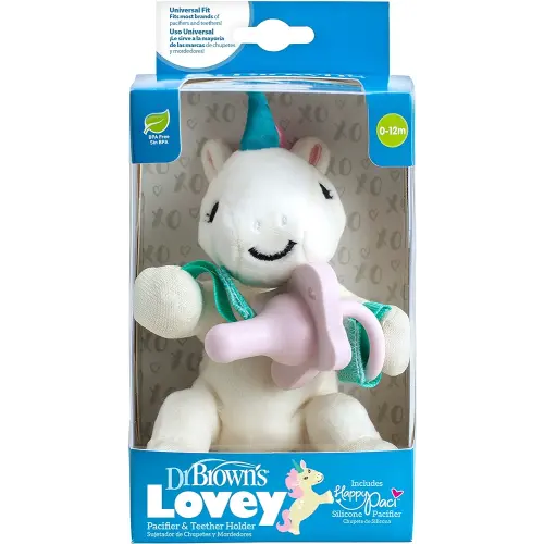 Dr. Brown's Baby Lovey Pacifier and Teether Holder, Unicorn with Pink HappyPaci, 100% Silicone, 0-6m (Packaging May Vary)