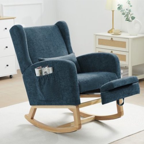 JUSTLET Rocking Chair with Footrest Nursery, Modern Chenille Rocker Armchair with High Backrest and Pillow for Bedroom Baby Room, BLue