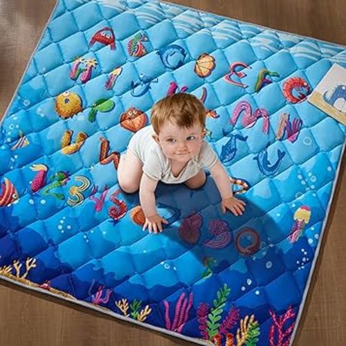 Baby Play Mat for Floor - MORAIS 50x50 Inch with 800g Cotton Filling Thickened Crawling Mat for Playpen, Cushioned Playpen Mat with Anti-Slip Bottom and Animal Alphabet (Ocean Adventure)