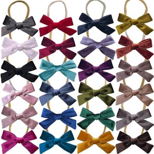 Sugarmelon Baby Girl Velvet Hair Bows and Headbands, Soft Stretchy Nylon Hairbands for Newborn Infant Toddlers, 24 Colors, 3.5" Bow Headband