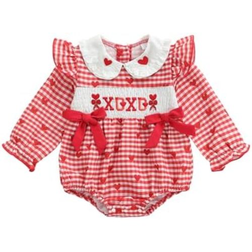 First Valentines Day Baby Girl Outfit Newborn Smock Bubble Romper Plaid Doll Collar 0 3 6 12 18 Months Clothes