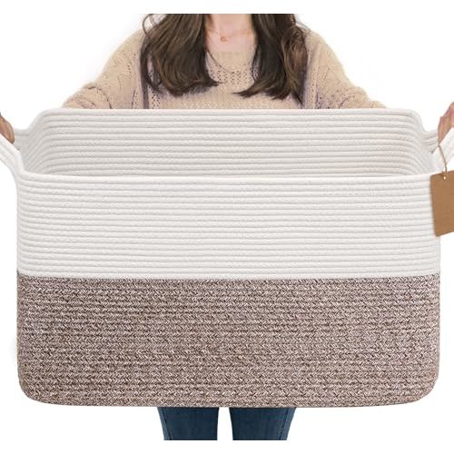 Goodpick 75L Extra Large Woven Rope Blanket Basket, Rectangle, Brown | 22" × 17" × 12" Decorative Storage Basket for Pillows & Clothes, Fits Living Room & Nursery Organization, Handles