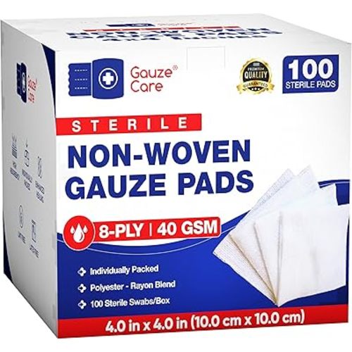 Gauze Care Non-Woven Sterile Gauze Pads 4x4, Pack of 100, 8-Ply, Soft, Lint-Free, Individually Wrapped, Sterile, Absorbent, Breathable, Perfect for Wound Care