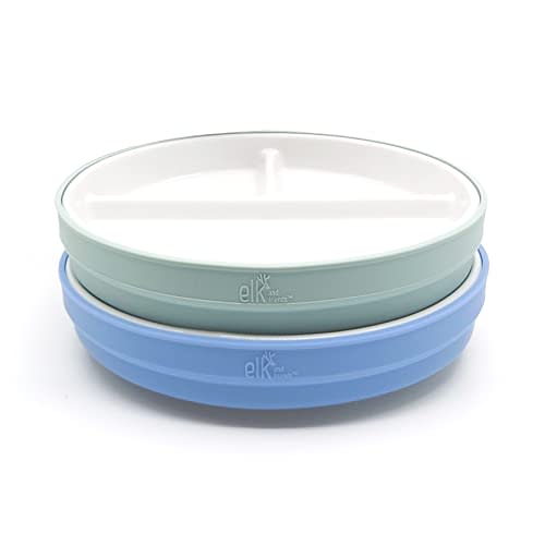 Elk and Friends Kids 6.7” Porcelain Divided Plates with Silicone Sleeves | Suitable for Babies/Kids/Toddlers | Microwave & Dishwasher Safe | Non Slip | Snack Dishes
