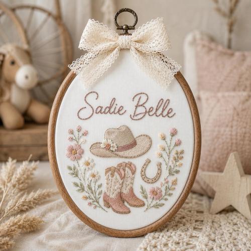 Personalized Cowgirl Embroidery Hoop, Custom Baby Name Nursery Sign, Western Cowgirl Wall Decor, Baby Shower Gift, Newborn Keepsake