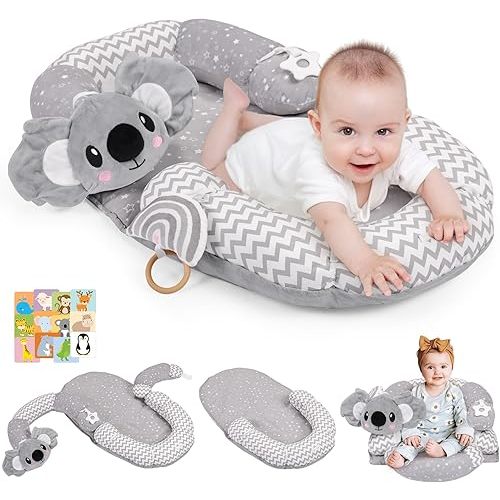 4 in 1 Tummy Time Mat & Seated Support Pillows, Play Mat, Sitting Support for Newborn 0-12 Months, Infant Baby Sit Me Up Floor Seat, Sensory Development Gifts Tummy Time Play Toys, Koala