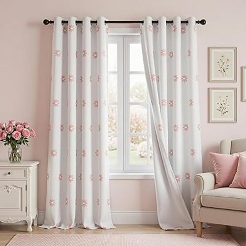 MYSKY HOME Blackout Curtains for Living Room 95 Inch Long Total Light Blocking Pink Floral Curtain for Sliding Door 2 Panels Grommet Girls Bedroom Drapes with Daisy Flower Sheer 52 x 95 in