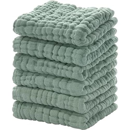 Looxii Muslin Baby Washcloths 6 Pack, 100% Cotton Baby Wash Cloths for Baby Face Body, 12x12 Inches Large Soft Absorbent Face Towels for Newborns Dark Green
