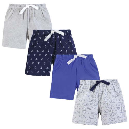Hudson Baby Infant Boys Shorts Bottoms 4-Pack, Sharks And Anchors, 3-6 Months