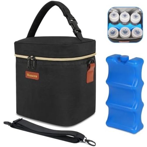 Breastmilk Cooler Bag with Ice Pack, Fits 6 Baby Bottles Up to 9 Ounce Insulated Baby Bottle Bag, Mancro Breast Milk Cooler on The go with Strap, Baby Bottle Cooler Bag for Nursing Mom Daycare, Black