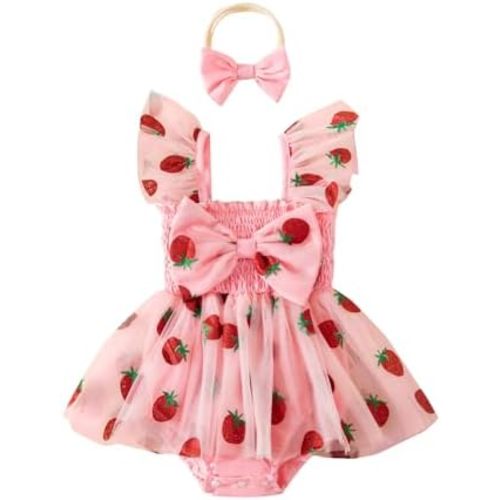 Baby Girl Clothes Summer Outfit Newborn Strawberry Bow Ruffle Sleeveless Tulle Romper Dress Cute Infant Onesie
