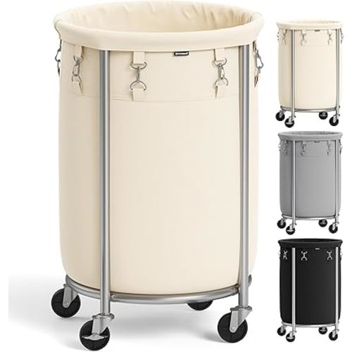 SONGMICS 18.5-Gallon (70 L) Laundry Basket with Wheels, Rolling Round Heavy-Duty Laundry Hamper Cart with Steel Frame and Removable Bag, 2 Locking Wheels, Cream White and Metallic Silver URLS006W01