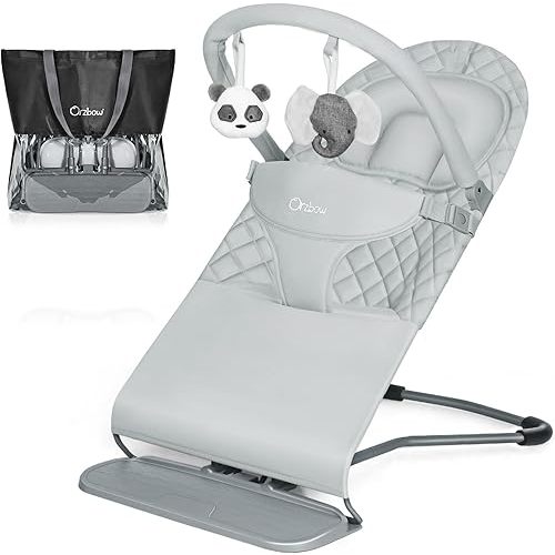 Orzbow Portable Baby Bouncer, Foldable Baby Bouncer Seat with Storage Bag and Removable Play Bar, 3 Recline Positions, 0-12 Months Up to 20lbs, Ergonomic Design, Easy to Wash, Grey