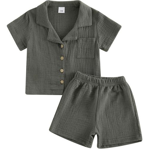 Baby Boys Clothes Set Toddler Infant Boys Button-down Shirt Tops + Cotton Gauze Shorts Summer Outfit 2PCS with Pockets