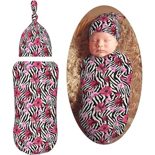 Flowers Zebras Print Newborn Swaddle Blankets Hat Sets Soft Baby Receiving Blanket Swaddle Sack for Baby Shower Infant Boy Girl Gift