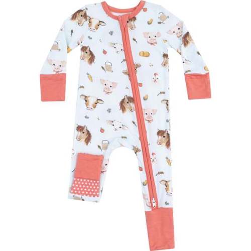 2 Way Zipper Romper, Vintage Animals Faces Blue