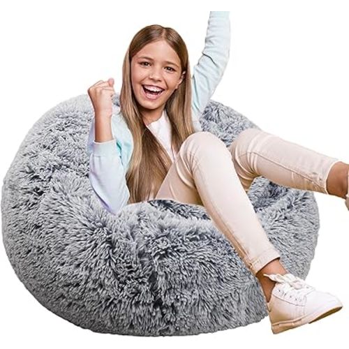 Fluffy Bean Bag Chair for Kids, 2.5FT Round Memory Foam Filled Bean Bag for Teens & Kids, Ultra Soft Faux Fur Fabric Bean Bag Chairs for Playroom, Living Room, Bedroom, Gray
