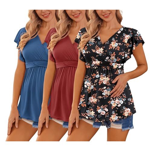 Ekouaer Maternity Shirts 3 Packs Flying Short Sleeve Nursing Tops Pregnancy Clothes
