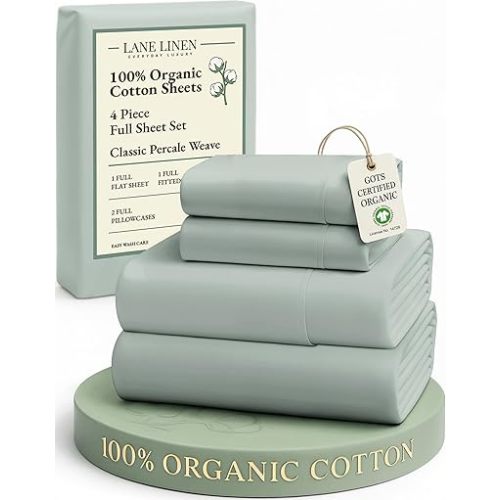 LANE LINEN 100% Organic Cotton Full Sheets Set, Soft & Comfy Percale Weave Fully Elasticized Reinforced Seams Sustainably Produced Oeko Tex Certified Deep Pocket Cotton Full Size Sheet - Cool Blue