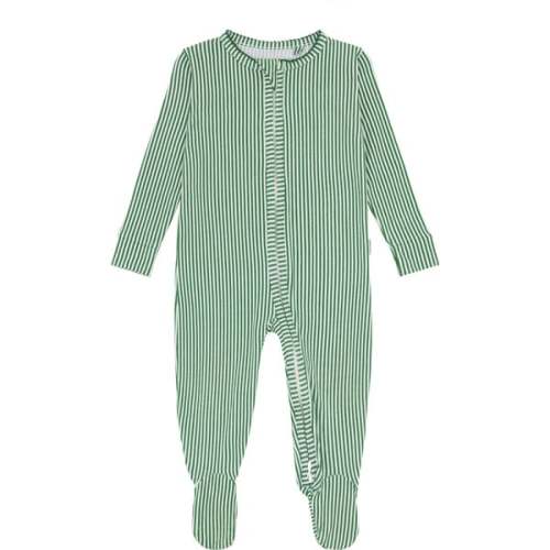 Babys Striped Pima Long Sleeve Snug Fit Front Zipper Footie, Hunter Green - Minnow | Maisonette