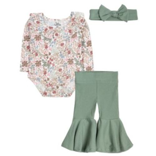Baby Girl Floral Bodysuit, Bell Bottom Pant & Headband, 3-Piece Set