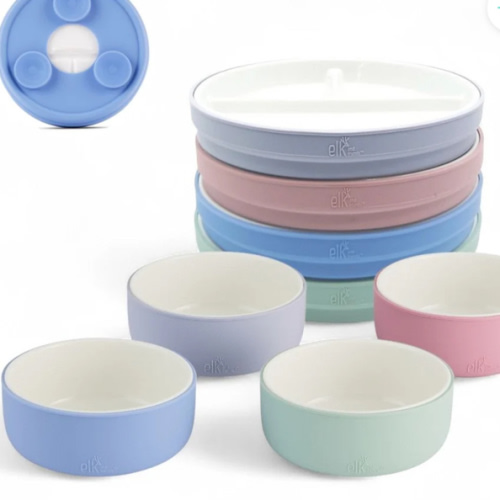 Kids Porcelain Mealtime Bundle | Suction Sleeves | 6.7" Plates + Bowls | 8 Pcs | Blush/Lilac/Sage/Misty Blue