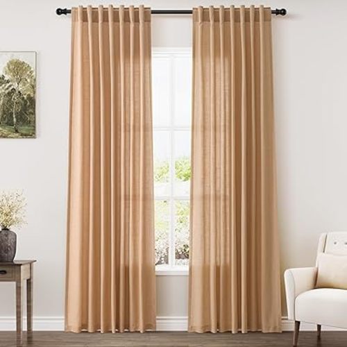 Camel Linen Curtains 84 Inches Long for Bedroom Back Tab Light Filtering Privacy Semi Sheer Curtains Modern Farmhouse Decor Camel Cotton Elegant Curtain for Living Room 2 Panels Set 52x84 Inch