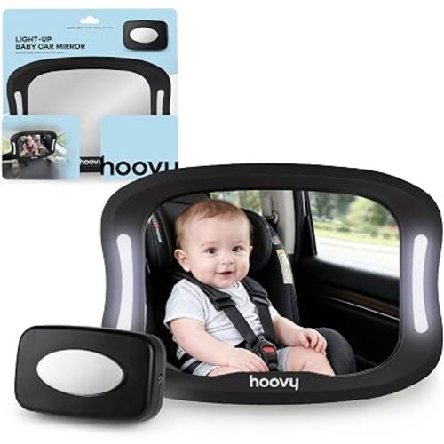 Light-Up Baby Car Mirror, 11.5x8 Inch, Wide-Angle Convex, Shatter Resistant, Remote-Controlled LED Lights, Adjustable Straps, Swivel Head