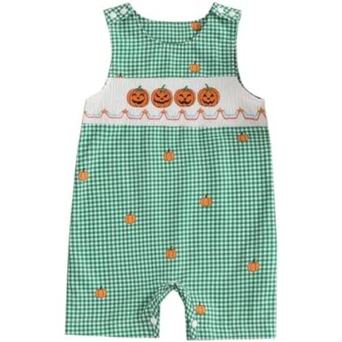Baby Boy Halloween Outfit Sleeveless Plaid Pumpkin Tank Jumpsuit Halloween Overalls Newborn Infant Fall Clothes