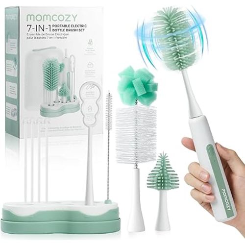 Momcozy Electric Baby Bottle Brush Set with Drying Rack, 7-in-1 Powered Bottle Cleaner & Formula Mixer, Portable Newborn Essentials for Pump Parts & Travel.