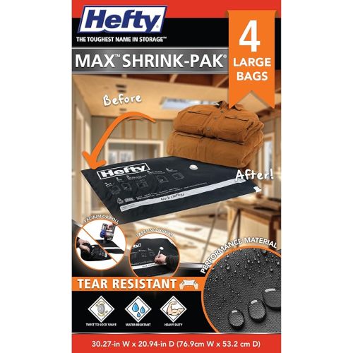 Hefty MAX Shrink-Pak Vacuum Seal Storage Bags for Clothing, Travel, Bedding | Tear & Water Resistant, Dual-Valve Space Saver Compression Bags - Large, 4-Pack