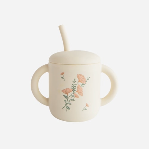 Silicone Training Cup + Straw - Pink Flowers