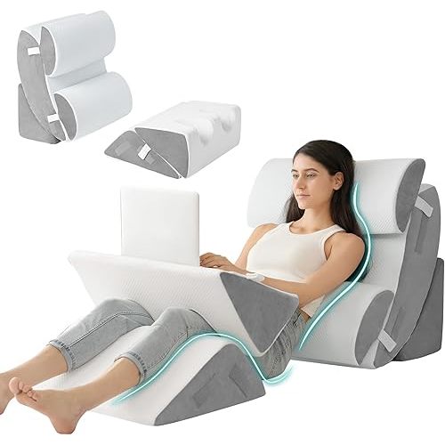 Hansleep 6PCS Orthopedic Bed Wedge Pillow for Sleeping, Adjustable Post Surgery Pillow Set for Body, Back and Leg Pain Relief, Memory Foam Support Pillows for After Surgery, White