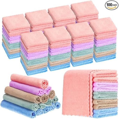 Handepo 100 Pack Baby Washcloths Bulk 10 x 10 Inch Microfiber Coral Fleece Baby Face Towels Absorbent and Soft Wash Cloths for Newborns Infants and Toddlers(Colorful)