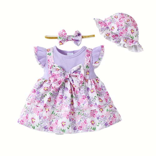 Kucnuzki Newborn Baby Girl Clothes 0 Months Spring Summer Dress 3 Months Fly Sleeve Fake-Camisole Stitching Floral Prints Dress Hat&Headband 3PCS Set Purple 3-6 Months