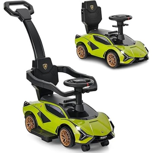 INFANS 3 in 1 Ride on Push Car, Licensed Lamborghini Baby Stroller Sliding Walking Car with Push Handle, Music, USB, Headlight, Under Seat Storage, Kids Foot-to-Floor Toy for 18-60 Months (Green)