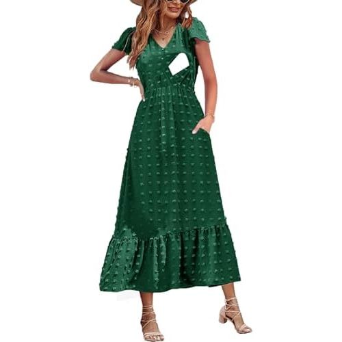Women Nursing Boho Maxi Dresses Cap Short Sleeve V Neck Swiss Dot High Waisted A-Line Ruffle Tiered with Pockets