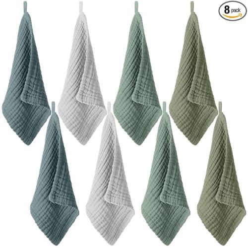 SmoothNovelty 8 Pcs Baby Washcloths for Newborn 12 x 12 Inch Muslin Face Towels Cotton Absorbent for Delicate Skin Soft Muslin Cloth Reusable Baby Registry as Shower Gift, 4 Colors(Green Color)