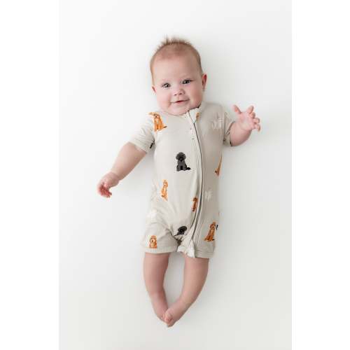 Zippered Shortall Romper in Fluffy Dog