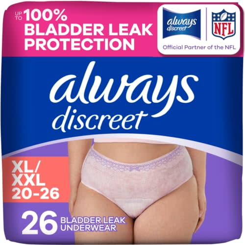 Always Discreet Adult Diapers for Women, Incontinence Underwear, Postpartum Essentials, Disposable Briefs, Max Absorbency, Bladder Leak Protection, Extra Large/XL, 26ct