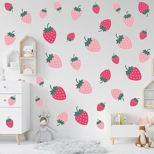 Pink Kawaii Strawberry Wall Decals – 90 PCS Peel & Stick Waterproof Vinyl Fruit Wall Stickers, 10 Sheets Cute Strawberry Decor in Hot Pink & Blush for Girls Bedroom, Nursery, Kids Room, Kitchen, Dorm
