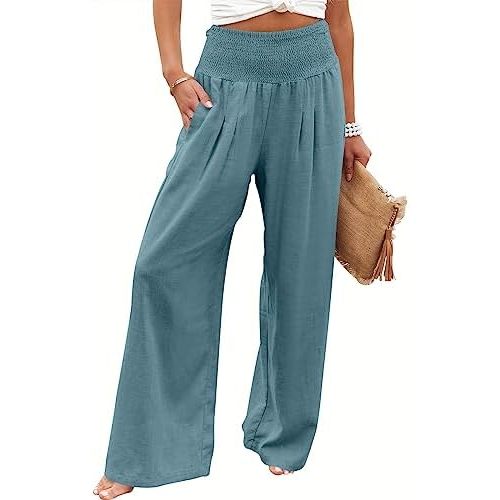 ANRABESS Women Linen Palazzo Pants Summer Boho Wide Leg High Waist Casual Lounge Pant 2025 Beach Travel Vacation Outfits