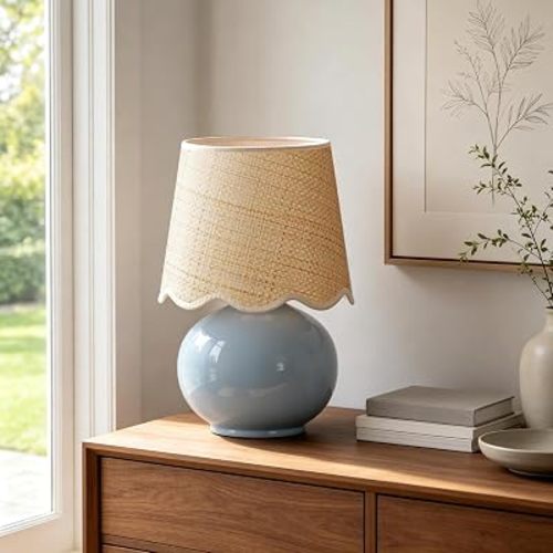 PARTPHONER Coastal Lamp, Small Ceramic Table Lamp, Light Blue Globe Base with Rattan Woven Shade, Rocker Switch Boho Bedside Lamp for Bedroom, Living Room, Kids Room, Bulb Included