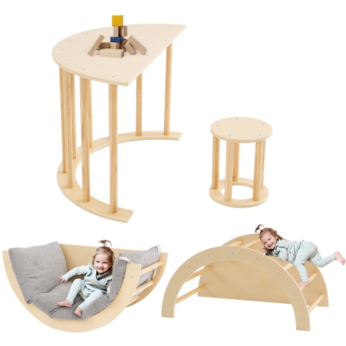 Kids Arch Table Stool with Cushion, 4 in 1 Wooden Climber Montessori Climbing Arch for Kids, Kids Sensory Table, Rocker Board, Indoor Gym Learning Playset