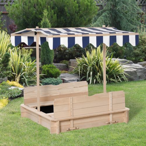 Outsunny Wooden Kids Sandbox with Cover, Foldable Bench Seats