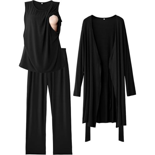 Rnxrbb Nursing Pajamas Gown Set for Women Breastfeeding Postpartum Pajama Maternity Pj for Hospital 3 PCS