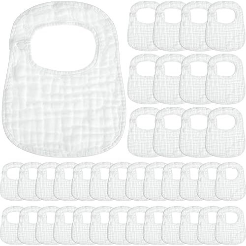 Reginary 30 Pack White Muslin Baby Bibs for Boy Girl Adjustable 6 Layers Cotton Baby Bandana Drool Bibs Bulk Soft Absorbent Washable Snap Muslin Burp Cloth for Newborn Infant Drooling Eating Feeding