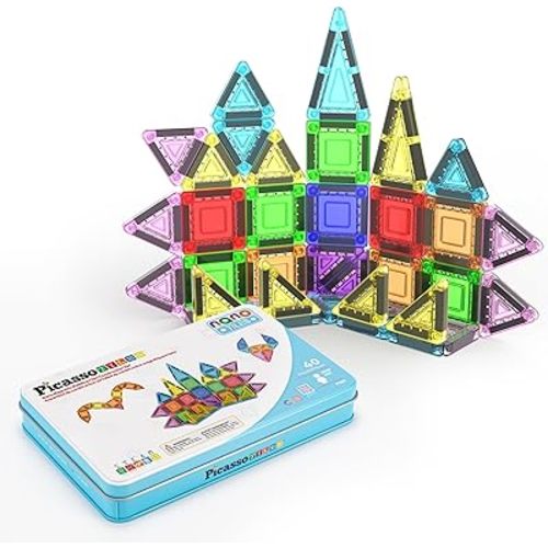 PicassoTiles 40pc Nano Mini Magnetic Tile Construction Building Blocks Travel Toy Set with Storage Case STEM Educational Fun Learning Magnet Tiles Stacking Toys for Toddlers Girls Boys Ages 3+ PN01