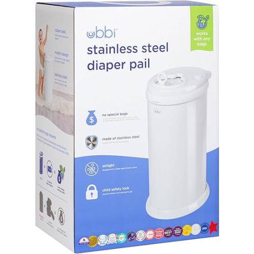Ubbi Steel Diaper Pail, Odor Locking, No Special Bag Required, Award-Winning, Registry Must-Have, White