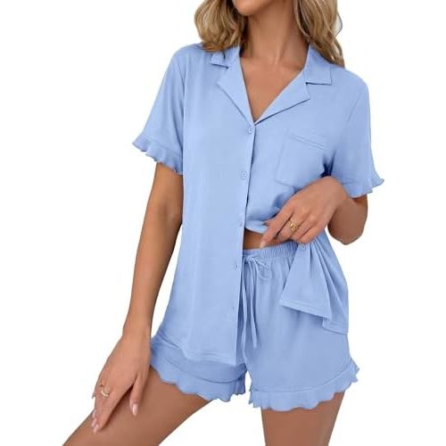 Ekouaer Pajamas Set for Women Button Down Pjs Lounge Sets Ruffle Short Sleeve Sleepwear Cute Loungewear